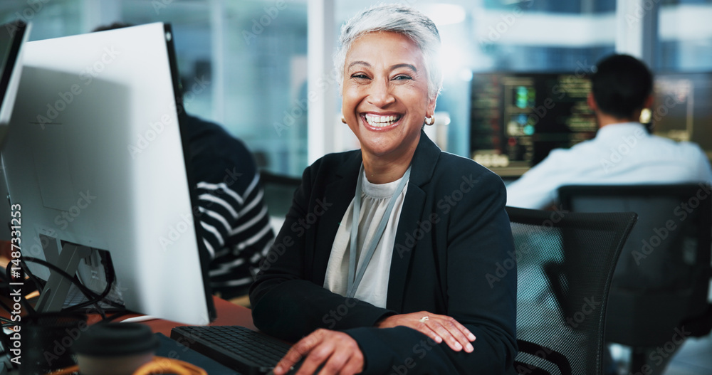 Poster Portrait, woman and developer with pc in office for programming, software update and IT career. Mature person, computer and coding pride for website development, testing server and system application