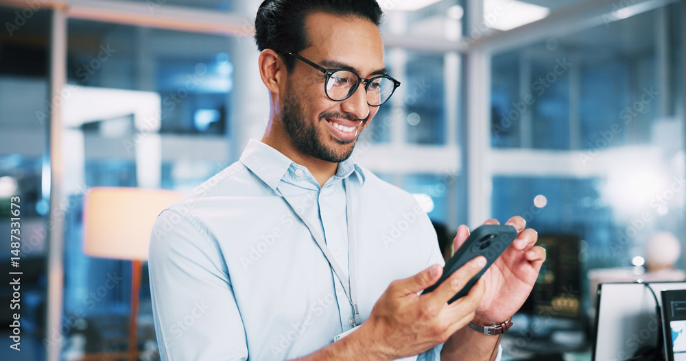 Poster Business, coding and man in workplace, smartphone and software developer with app testing. Person, research and professional with cellphone, AI expert and programmer with info tech and cyber security