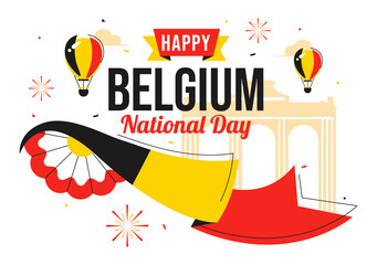 Happy Belgium Independence Day Vector Illustration on July 21, Featuring the National Celebration with a Waving Belgian Flag and Festive Ribbon