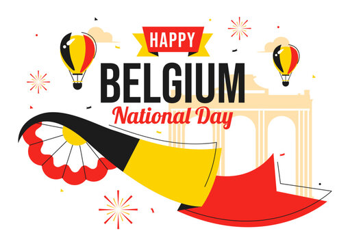 Happy Belgium Independence Day Vector Illustration on July 21, Featuring the National Celebration with a Waving Belgian Flag and Festive Ribbon