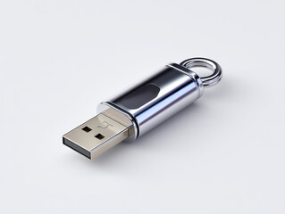 Silver USB flash drive with keyring attachment on plain white background. device has sleek, modern design with small display window. Perfect for data storage and transfer