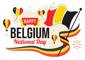Happy Belgium Independence Day Vector Illustration on July 21, Featuring the National Celebration with a Waving Belgian Flag and Festive Ribbon