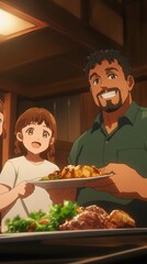 Anime siblings smiling as their father serves dinner