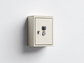 Small wall mounted key cabinet with lock and key placed plain white wall simple and functional design used for secure storage of keys or small items neutral color minimalistic style safe