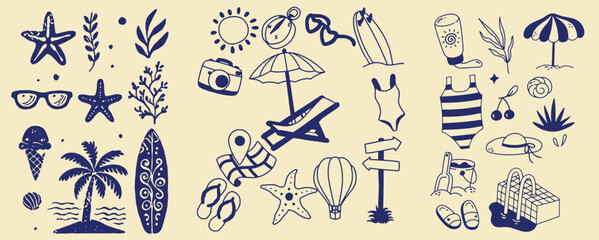 Hand drawn summer illustration set. Italian dolce vita. Minimalist line art. Palm tree, lemon, cocktails sun and sea, seashells in doodle sketch style. Drawing ink. Concept vacation ocean and travel