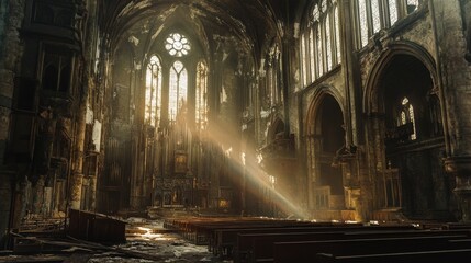 Fototapeta premium Interior view of a large gothic church with sunlight streaming through windows.