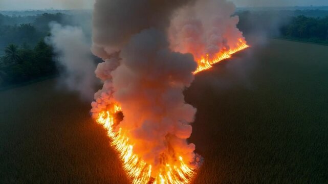 Aerial view fire burn in paddy field at Malaysia, Southeast Asia.