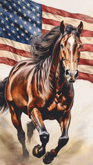 Generated Image retro poster showing galloping horse with American flag behind, grungy