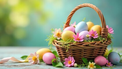 Naklejka premium A colorful Easter egg basket overflowing with decorated eggs, spring flowers, and pastel ribbons , basket, holiday eggs
