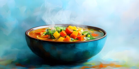 Vibrant soup in a teal bowl, steaming hot.
