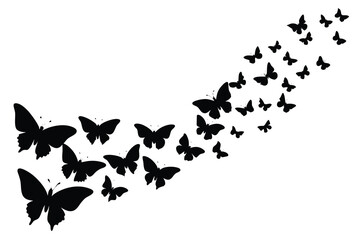 Black butterfly silhouettes rise together, forming a swirling stream, representing transformation and freedom