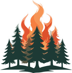 Modern Vector Illustration of Wildfire in Pine Forest with Blazing Flames and Smoke – Environmental Crisis Concept Art