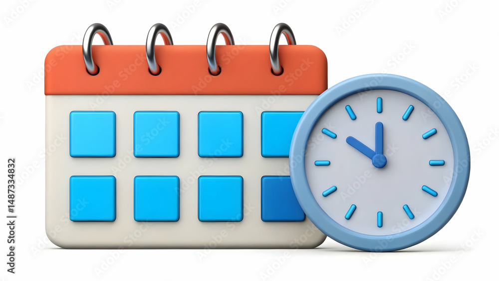 Poster a 3d rendering shows a calendar and a clock, symbolizing time management, scheduling, and planning. 