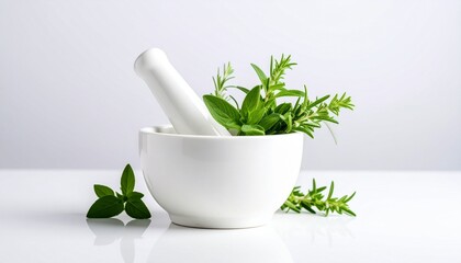 fresh herbs in a mortar