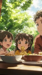 Anime family enjoying summer noodles with dipping sauce