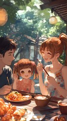 Anime family enjoying summer noodles with dipping sauce