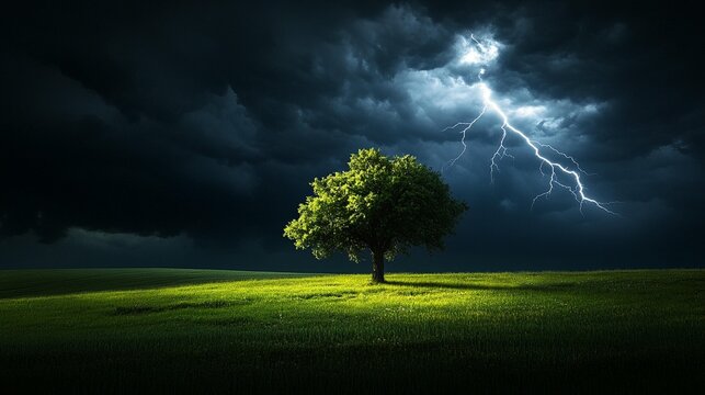 Lone tree amidst a stormy field lit by lightning