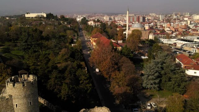 Aerial Forward Shot Of Skopje Fortress By Mustafa Pasa Mosque In City On Sunny Day - Macedonia, Greece