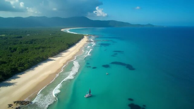 Aerial view of Lombok coastline with sandy beaches and blue waters
