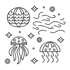 Jellyfish and Ocean Waves Doodle with Marine Theme