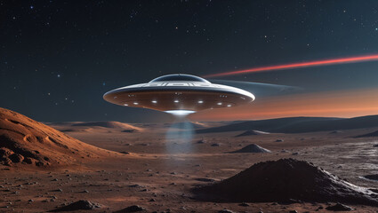 An unidentified flying object hovers over a reddish-brown martian landscape at night.