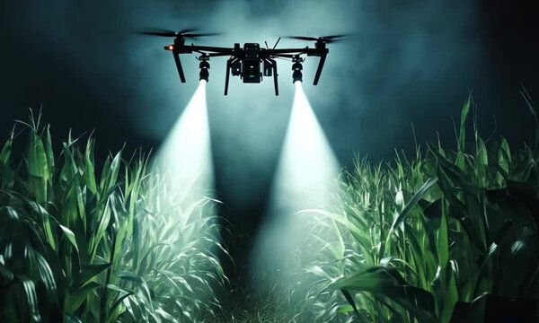 Drone surveying cornfield at night