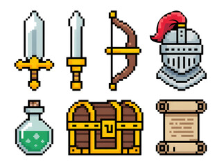 Obraz premium Pixel-style RPG icon set with weapons, potions, scroll and helmet on white background