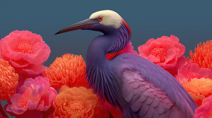 Fototapeta premium Fictional purple bird standing among pink, red and orange colored flowers on a dark teal background. 