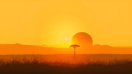 Obraz premium Sunrise in African Savanna with Tree Silhouette