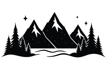 Black silhouette presents mountainous landscape with evergreen trees under a starry night sky