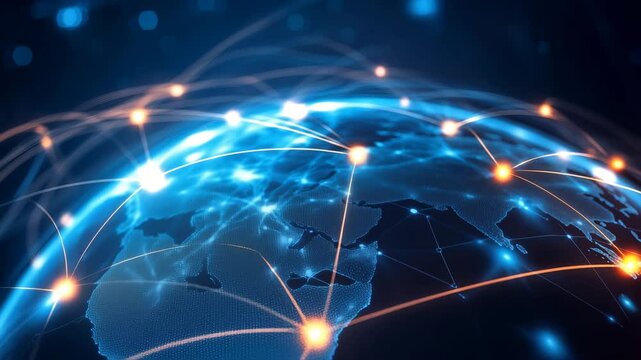 A stylized globe, possibly representing the Earth, overlaid with a network of glowing orange lines and dots, symbolizing a global network or internet connections.