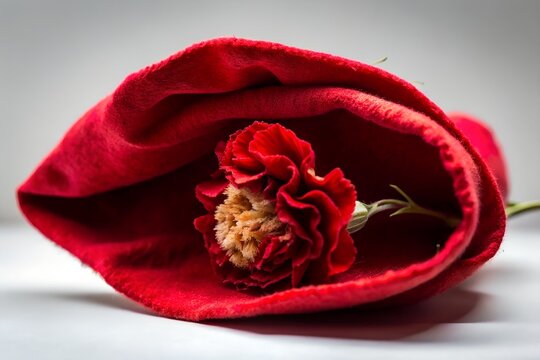 Blood-Red Capote de Brega with Dried Carnation in Motion on White Background