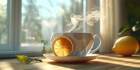 Warm drink with citrus slice by window.