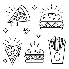 Fast Food Icon Doodles with Pizza, Burgers, and Fries