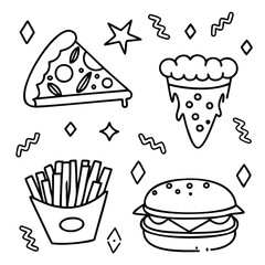 Pizza Slice, Burger, and Fries Cartoon Icons in Doodle Style