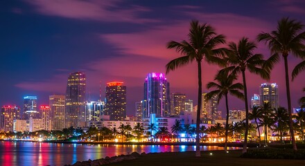 Obraz premium Miami Cityscape at Night with Palm Trees