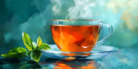 A vibrant digital painting of a steaming teacup.