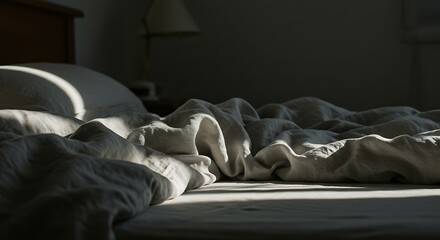 Cozy Unmade Bed with Linen Sheets in Morning Sunlight