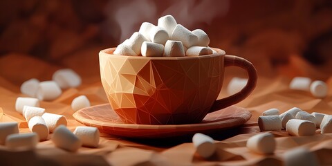 Polygonal mug filled with marshmallows, steaming hot drink.