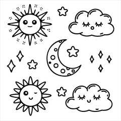 Happy Sun and Moon Characters with Clouds and Sparkles