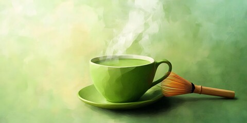 Delicate green teacup with steaming drink.