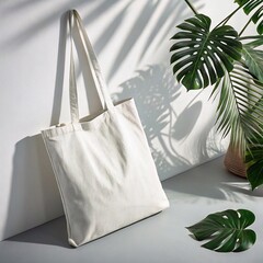 Mockup of an eco tote bag against a warm-toned background with soft lighting and a minimalist composition, perfect for showcasing prints or logos
