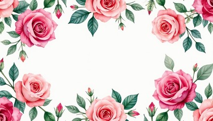 Delicate watercolor roses & leaves, repeat pattern, green, petal, floral seamless pattern