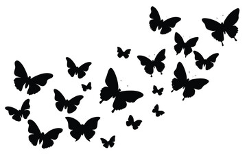 Butterfly swarm silhouette with different wings shapes flutters on a plain white backdrop