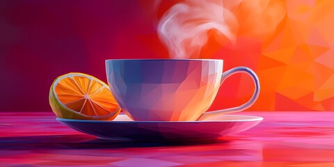 Vibrant digital illustration of a cup of tea with lemon