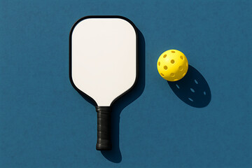 Minimalist Top View of Pickleball Paddle and Yellow Ball on Blue Court Surface