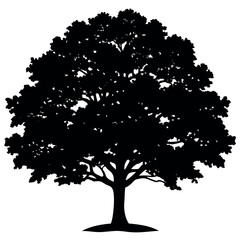 Oak Tree Silhouette with Thick Foliage – Black and White Vector Icon