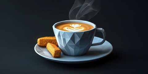 Geometric coffee cup with latte art and biscuits