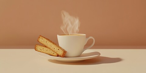 Warm beverage and biscotti on a cream-colored surface.