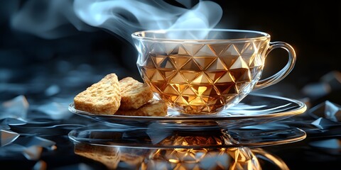 Stylish teacup with biscuits and steam.